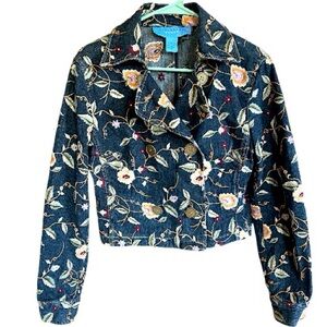 Doncaster Dark Denim Floral Embroidered Jean Jacket Cropped Boho Peacoat Size 10